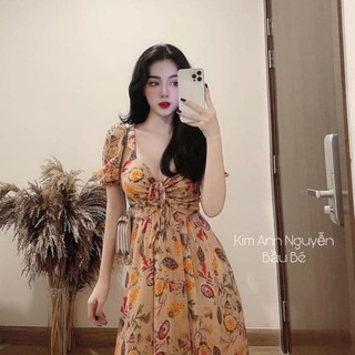 váy hoa vàng buộc nơ ngực
