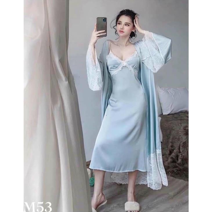 Set áo choàng + váy ngủ lụa dáng dài quá gối sang trọng đủ size tặng kèm quần lót ren !