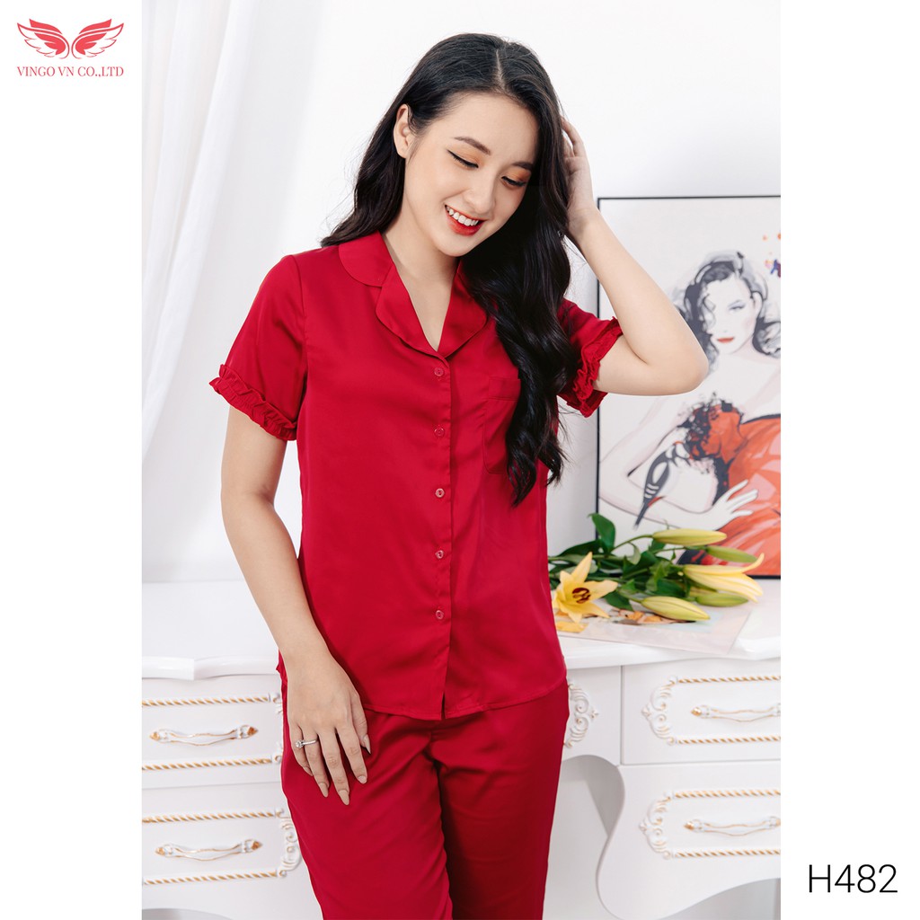 Bộ Đồ Mặc Nhà Pyjama Nữ VINGO Chất Liệu Lụa Pháp Trơn Cao Cấp Tay Cộc Quần Dài Thanh Lịch Hiện Đại H482 VNGO