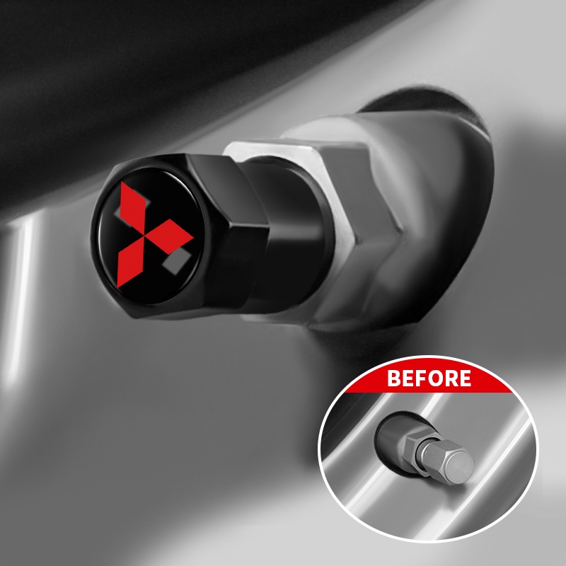 Bộ 4 Nắp Van Bánh Xe Hơi Mitsubishi ASX Lancer EX Pajero Outlander L200 EVO Bằng Hợp Kim Màu Bạc / Đen