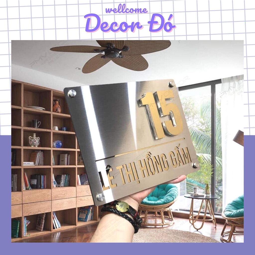 Bảng Số Nhà Inox + Số nổi 10mm + Mica đen . Thiết kế theo yêu cầu, Hình chữ nhật , elipse