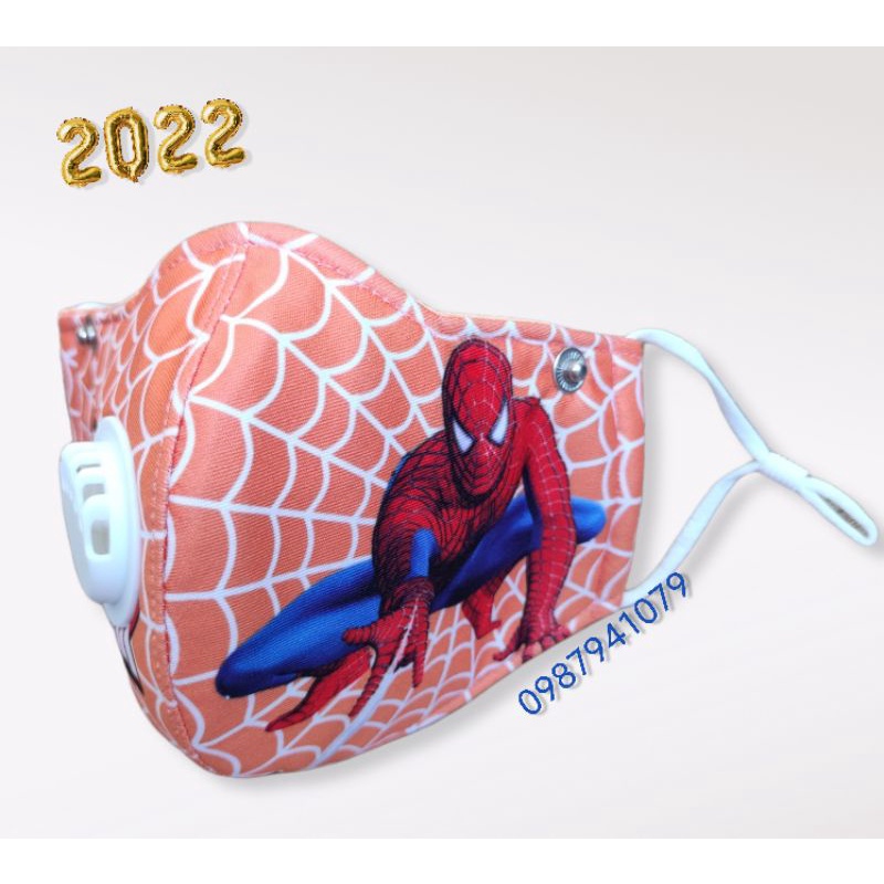 Khẩu trang vải 3D siêu nhân, người nhện có van thở chuyên dụng, dây rút cho bé trai