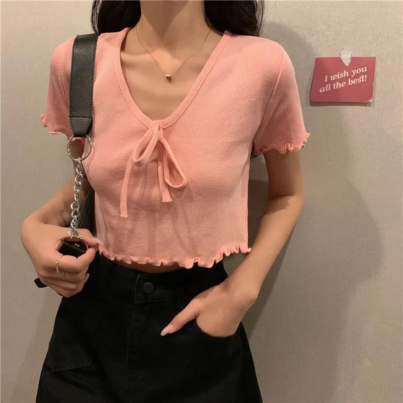 ❤️❤️Áo crop top dệt kim tay ngắn hở rốn đính nơ dễ thương quyến rũ cho nữ