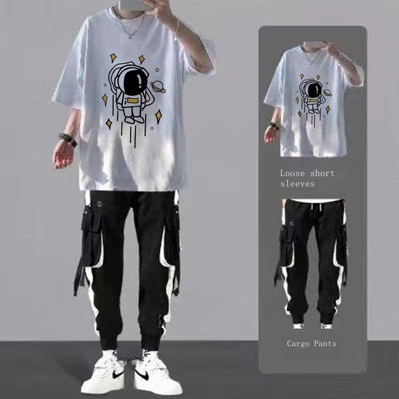 Set Áo Thun Ngắn Tay Cổ Tròn + Quần Yếm Dài Ống Rộng Thời Trang Hàn Cho Nam