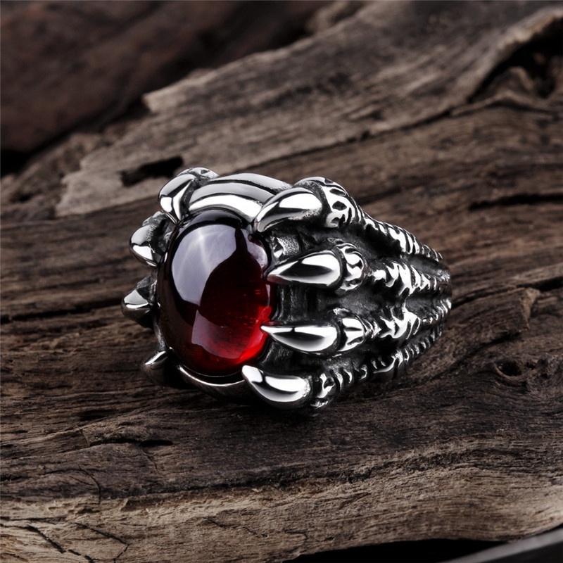 Nhẫn Đính Đá Hồng Ngọc Đen Phong Cách Gothic Thời Trang Cho Nam