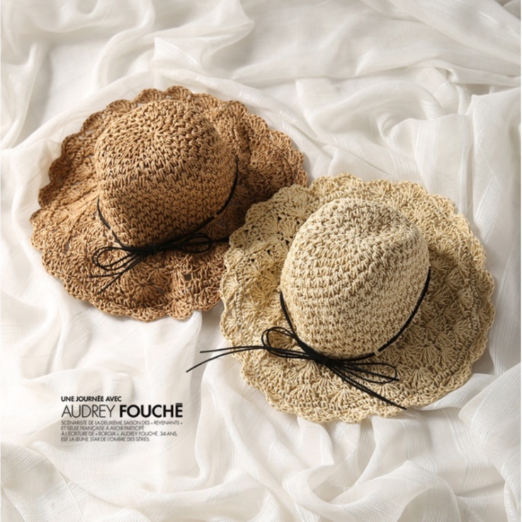 Mũ cói đi biển mềm nón đi biển nữ rộng vành nơ đen gấp gọn nàng thơ phong cách Hàn Quốc