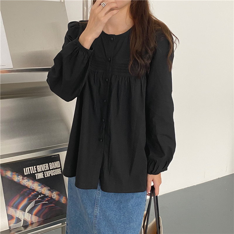 Áo Kiểu Tay Phồng Cổ Tròn Màu Trơn Đơn Giản Cho Nữ 37010