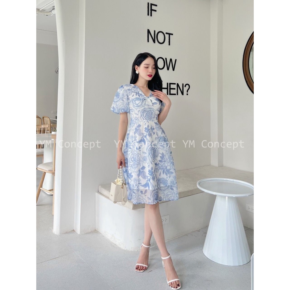 Đầm Hoa Nhún Ngực Tay Phồng - D0599