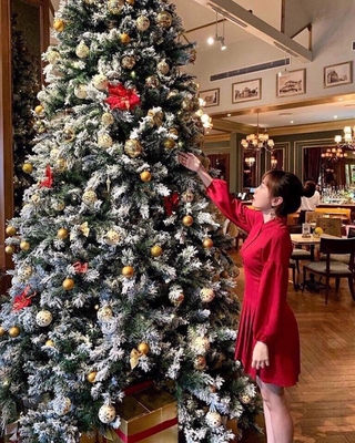 Đầm đỏ nút bọc xếp li