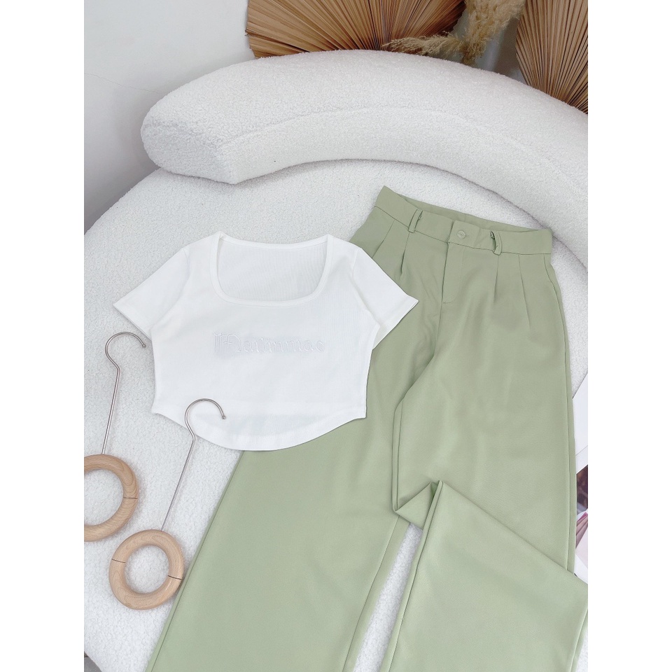 SET ÁO GÂN TRẮNG LAI BẦU + QUẦN BAGGY XANH (TH)