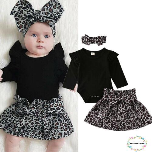 ღWSVღNewborn Baby Girl Autumn Winter Long Sleeve Romper Bodysuit Leopard Skirt Headband Outfits Set