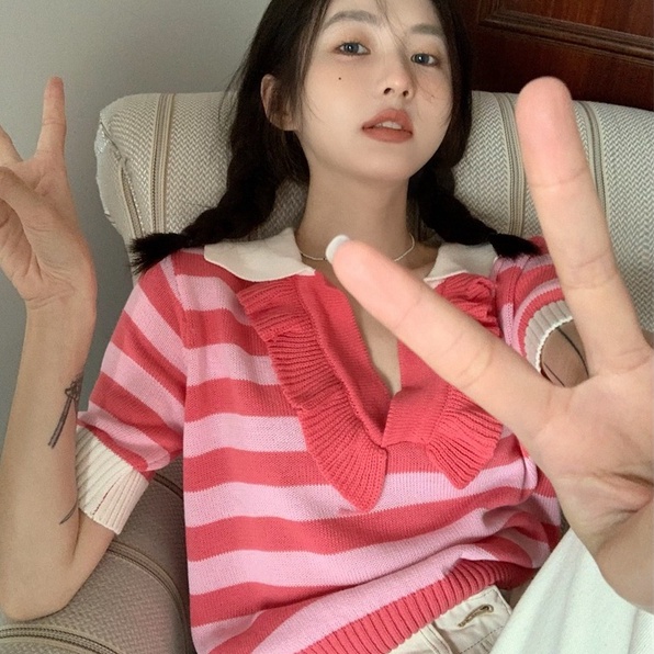 Áo thun polo dệt kim ZHELIHANGFEI dáng rộng kẻ sọc cá tính