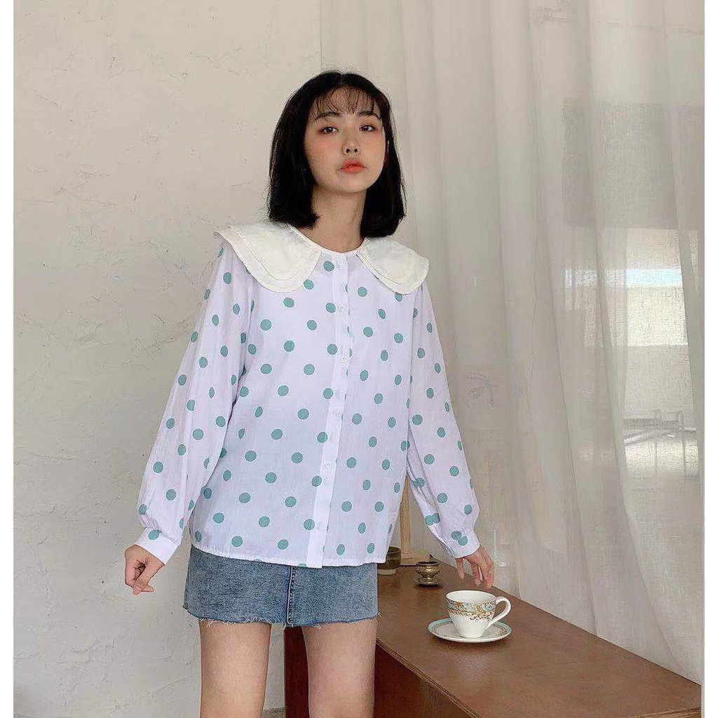 Sơmi Chấm Bi Tay Dài Cổ Sen Kép SP026216/ Hính Shop Tự Chụp / ngocvietshop07