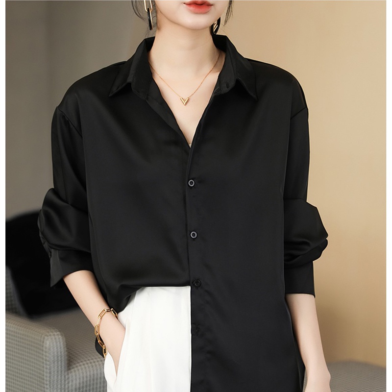 Áo sơ mi lụa nữ trơn satin kiểu công sở Hàn Quốc dài tay thụng bigsize Quảng Châu cao cấp M-2