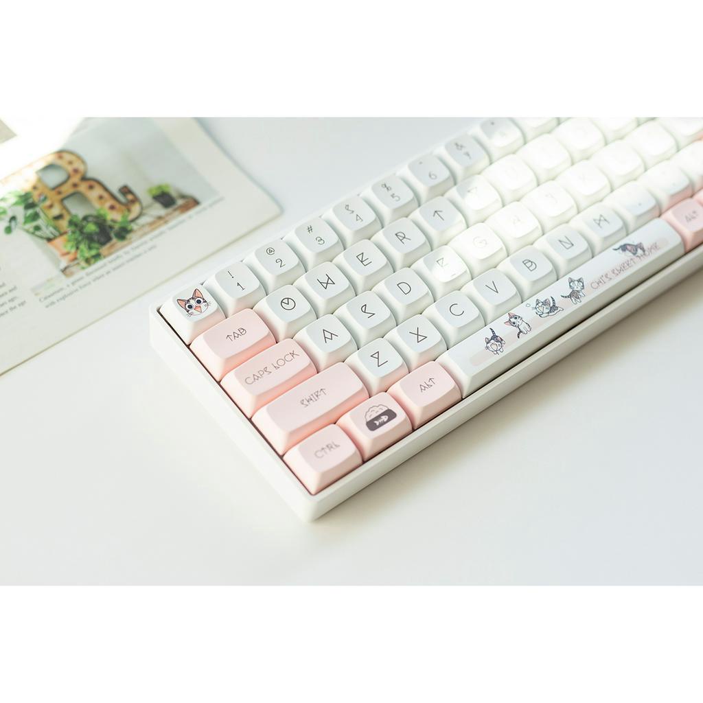 Keycap hồng - Bộ Keycap Mèo chi (Cheese cat) cute 136 nút dùng cho bàn phím cơ - PBT XDA profile