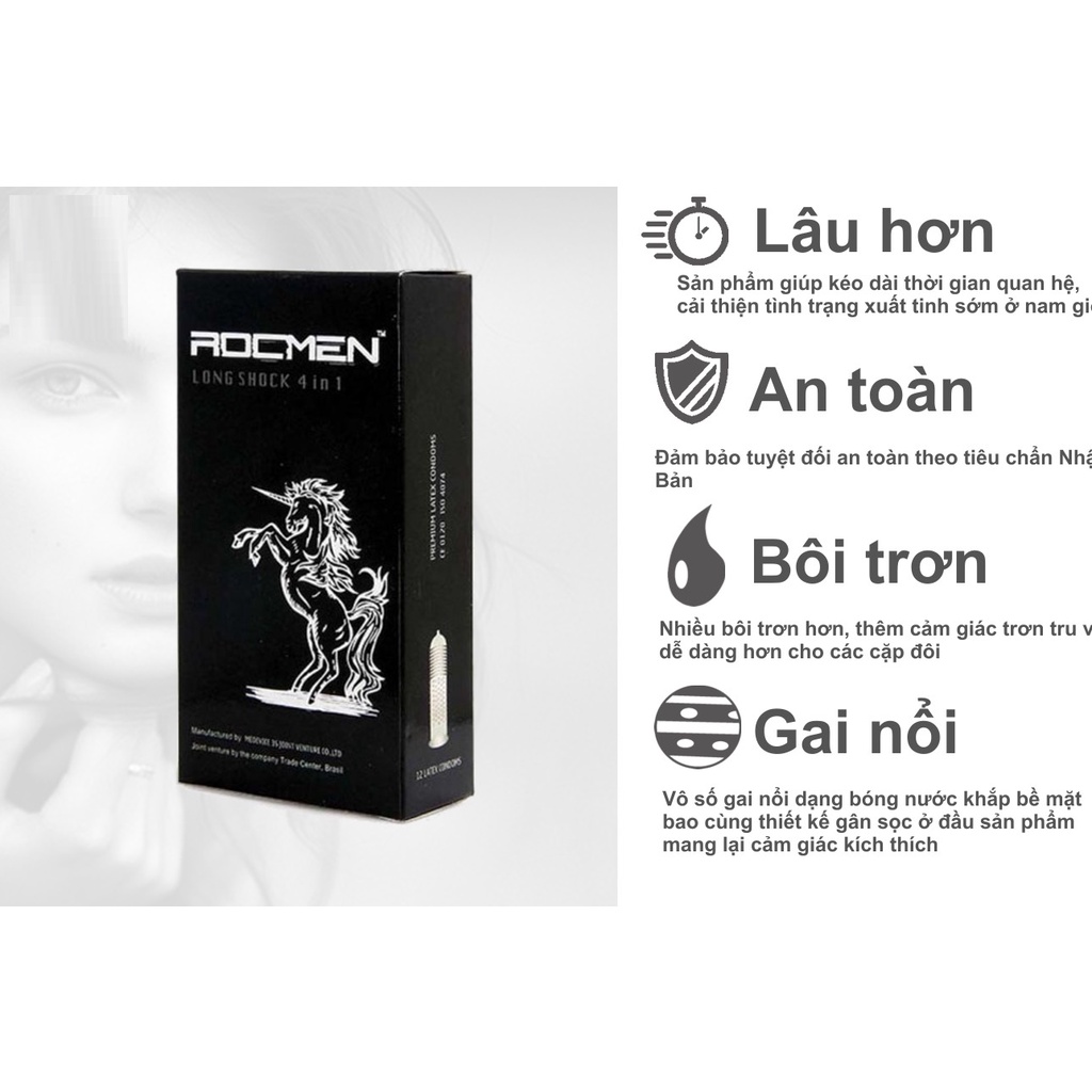 Bao Cao Su Gai Rocmen Đen Gân Gai Long Sock 4 in 1. Hộp 12 Bao. An Thảo Mộc