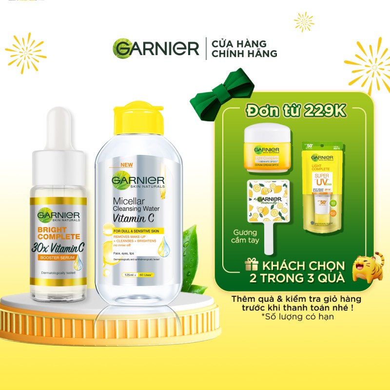 Bộ đôi Tinh chất sáng da Garnier Bright Complete Booster Serum 15ml &amp; Nước Tẩy Trang Garnier Micellar Water 125ml