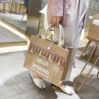 Túi cói đi biển Hello tua rua