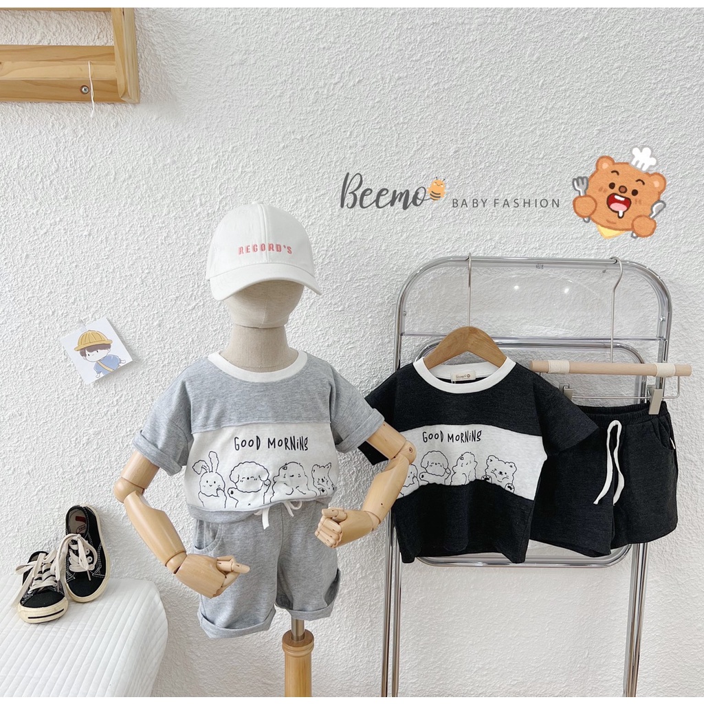Bộ cotton hoạ tiết gấu bé trai cá tính, bộ thun mềm mát sành điệu