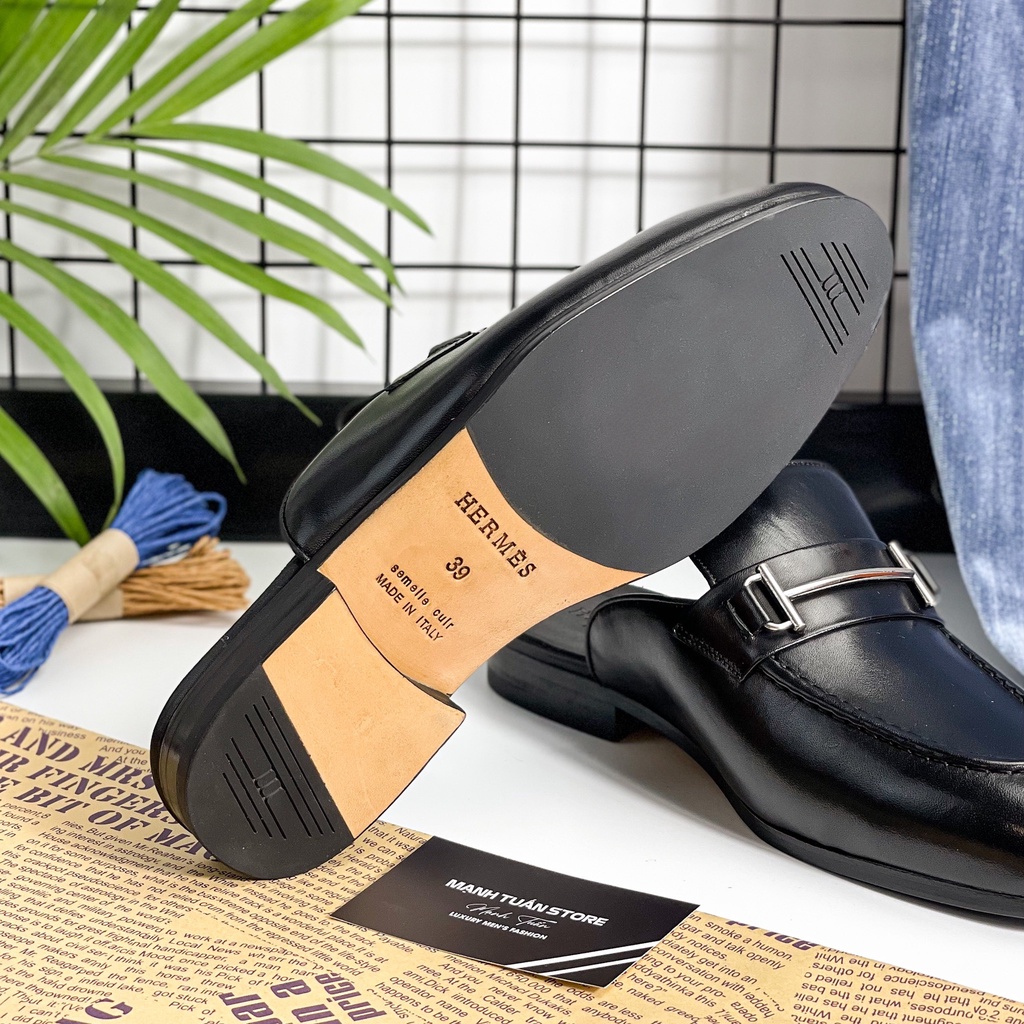 Sục nam cao cấp - Giày mules Hermes nam SN13 Da bò nguyên miếng, đế gỗ sồi cùng quai kim loại cực kì sang trọng SN13