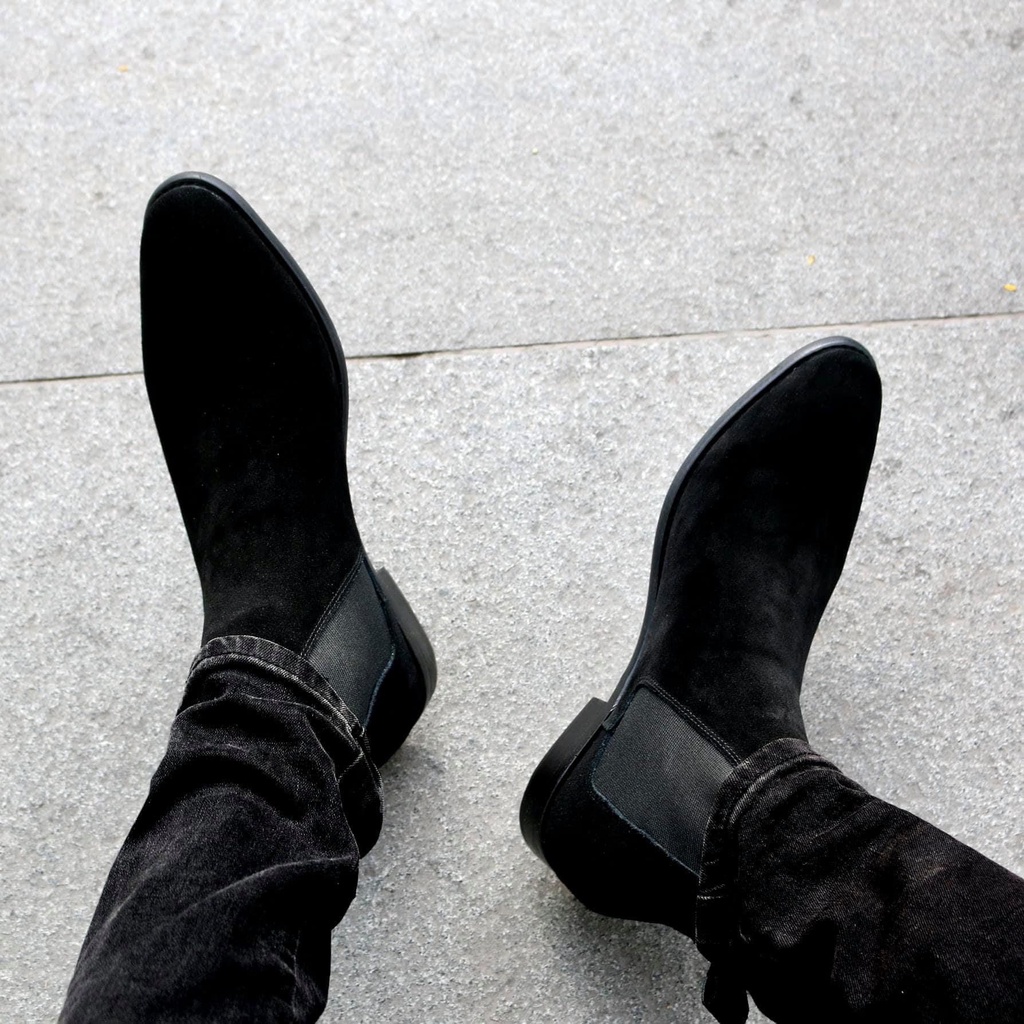 Giày Bốt Nam Da Bò Nguyên Tấm, Chelsea Boot Da Lộn Đen Tăng Chiều Cao