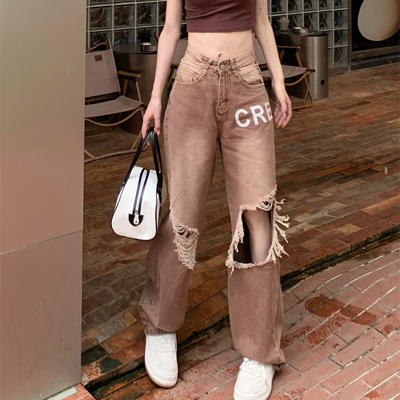 Quần Jean Nữ Lưng Cao Ống Đứng Rách Gối Thời Trang