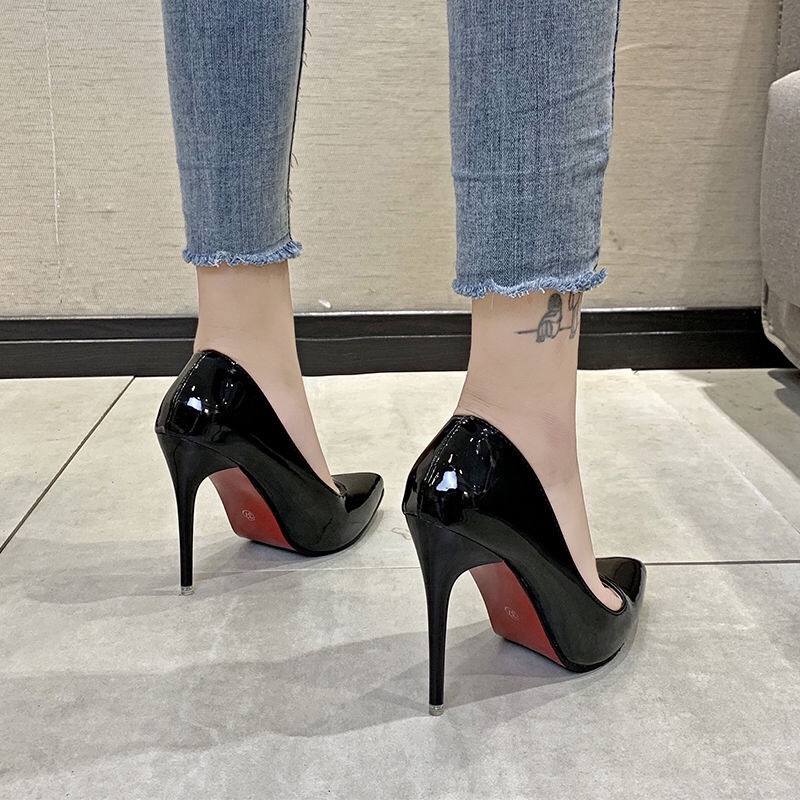 Giày cao gót 7cm mũi nhọn màu xanh dương/đen phong cách Âu Mỹ