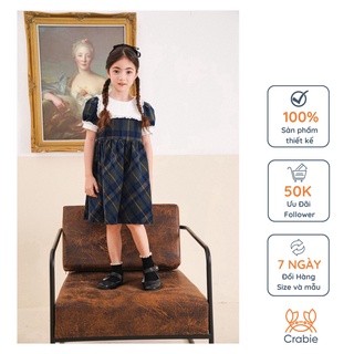 Đầm bé gái CRABIE nhung cộc tay phối yếm trắng bèo nhún - Edison Dress - Kẻ tartan xanh