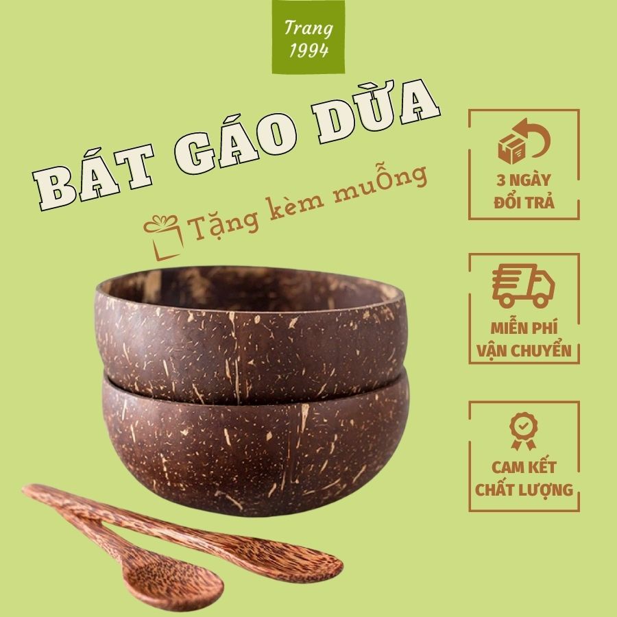 Bát Chén Gáo Dừa Và Muỗng Size Lớn (12-14cm) Dùng Để Ăn Ngũ Cốc, Salad, Sữa Chua Hoa Quả