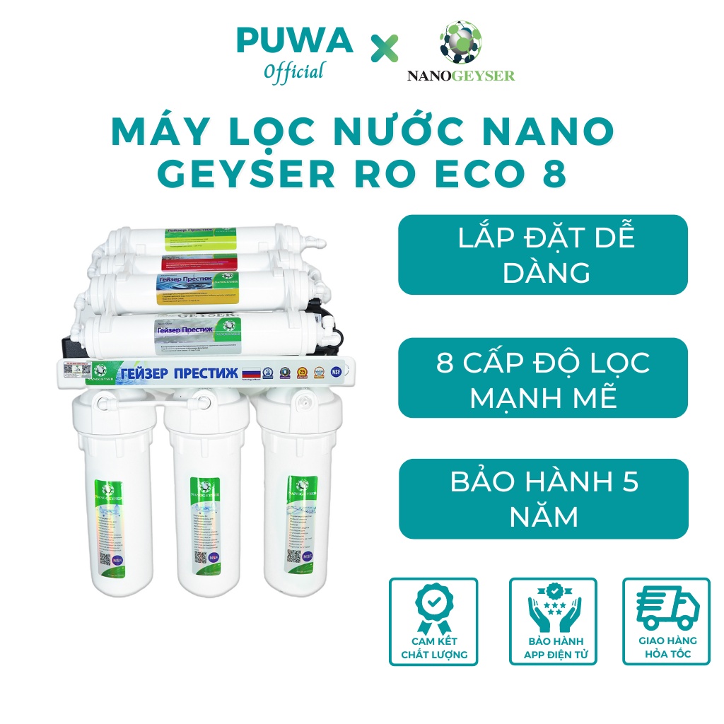 Máy lọc nước RO GEYSER ECO 8 với 8 cấp độ lọc mạnh mẽ loại bỏ hoàn toàn tạp chất, các ion kim loại nặng trong nước