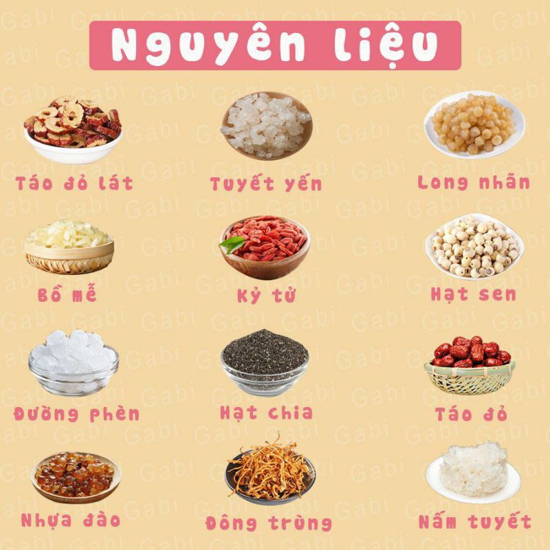 Nguyên liệu lẻ chè dưỡng nhan: táo/long nhãn/hạt chia/hạt sen/tuyết yến/nấm tuyết/bồ mễ/lá dứa/kì tử/đông trùng/nhựa đào