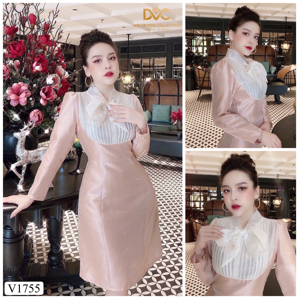 Váy be xòe ngực phối V1755 - Đẹp Shop DVC (Kèm ảnh thật trải sàn do shop tự chụp)