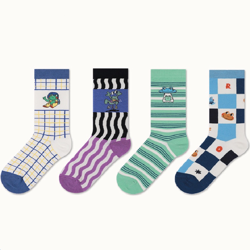 Vớ WAFNHA D110 cotton cổ cao vừa họa tiết ếch hoạt hình xinh xắn dành cho bé gái