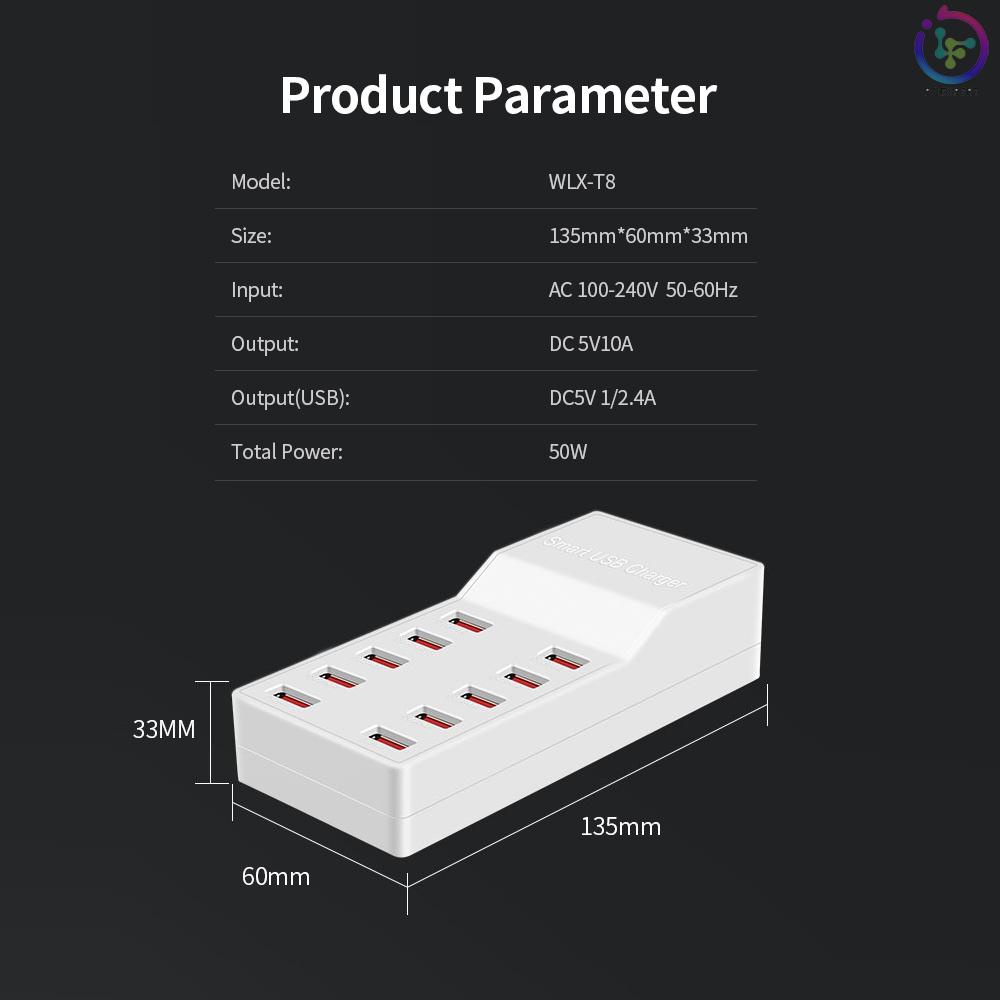 WLX-T8 10 Port USB Charger 50W Quick Charging Intelligent Portable Charger for Mobile Phone/Tablet EU Plug