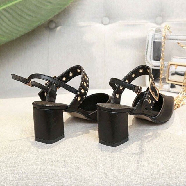 (S145) Sandal nữ cao gót 7 phân bít mũi khuy cài ngang cá tính (Mã TH112 - ĐINH - VNXK)