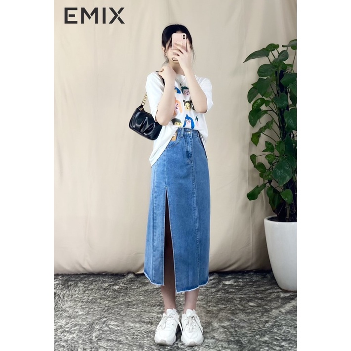Chân váy jean xẻ chân EMIX (2 màu), dáng dài, 1 lớp, cạp cao, dài 78cm, chất jean mềm mịn đứng dáng, xẻ chân cuốn hút