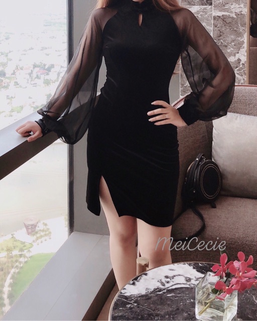Sườn xám nhung tay phồng đủ size