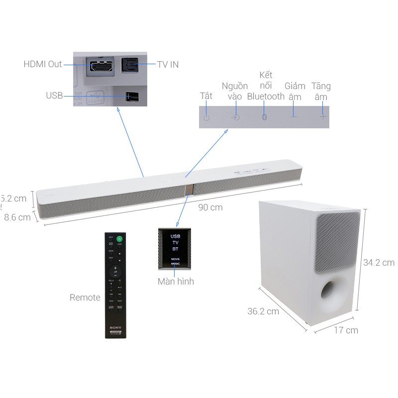 Loa thanh soundbar Sony 2.1 HT-CT290/WM 300W