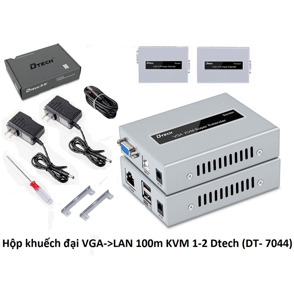 Hộp khuếch đại nối dài tín hiệu Vga bằng cáp mạng LAN có bàn phím chuột KVM 100m 1-2 DTECH DT 7044 hàng chính hãng