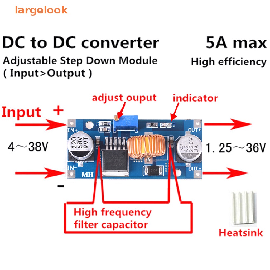 Mạch Hạ Áp DC-DC Từ 4V-38v Xuống 3.3V 12V 24V 5A