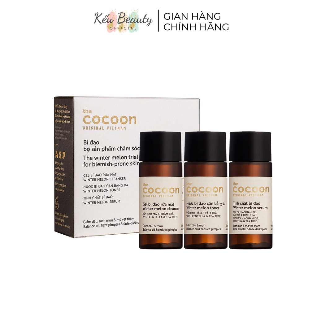 Bộ bí đao Trial Kit Cocoon chăm sóc da mụn: gel bí đao rửa mặt, toner nước cân bằng bí đao, serum tinh chất bí đao