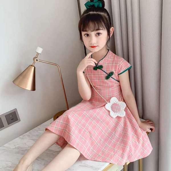 Váy sườn xám cô gái 2021 váy mới mùa hè phong cách nước ngoài trẻ em lớn kẻ sọc cô gái nhỏ váy công chúa hanfu
