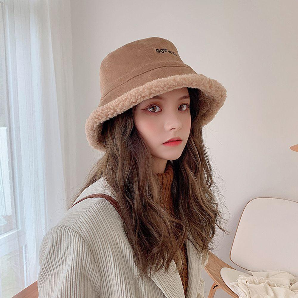 Mũ Bucket Nhung Lông Mềm Mại Hai Mặt In Chữ Phong Cách Hàn Quốc Thời Trang Mùa Đông Dành Cho Nữ
