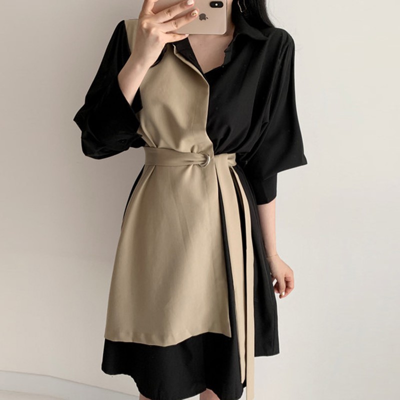 (ORDER) Váy sơ mi xòe dài thắt eo thiết kế phối 2 màu style Hàn Quốc sang trọng | WebRaoVat - webraovat.net.vn