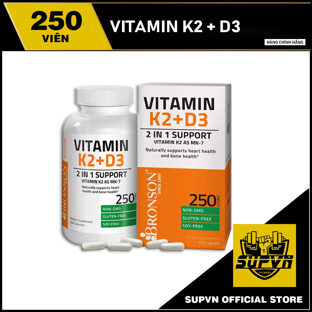 Vitamin K2 D3 MK7 Bronson 250 Viên Hỗ trợ Giúp Xương Chắc Khỏe, Tăng