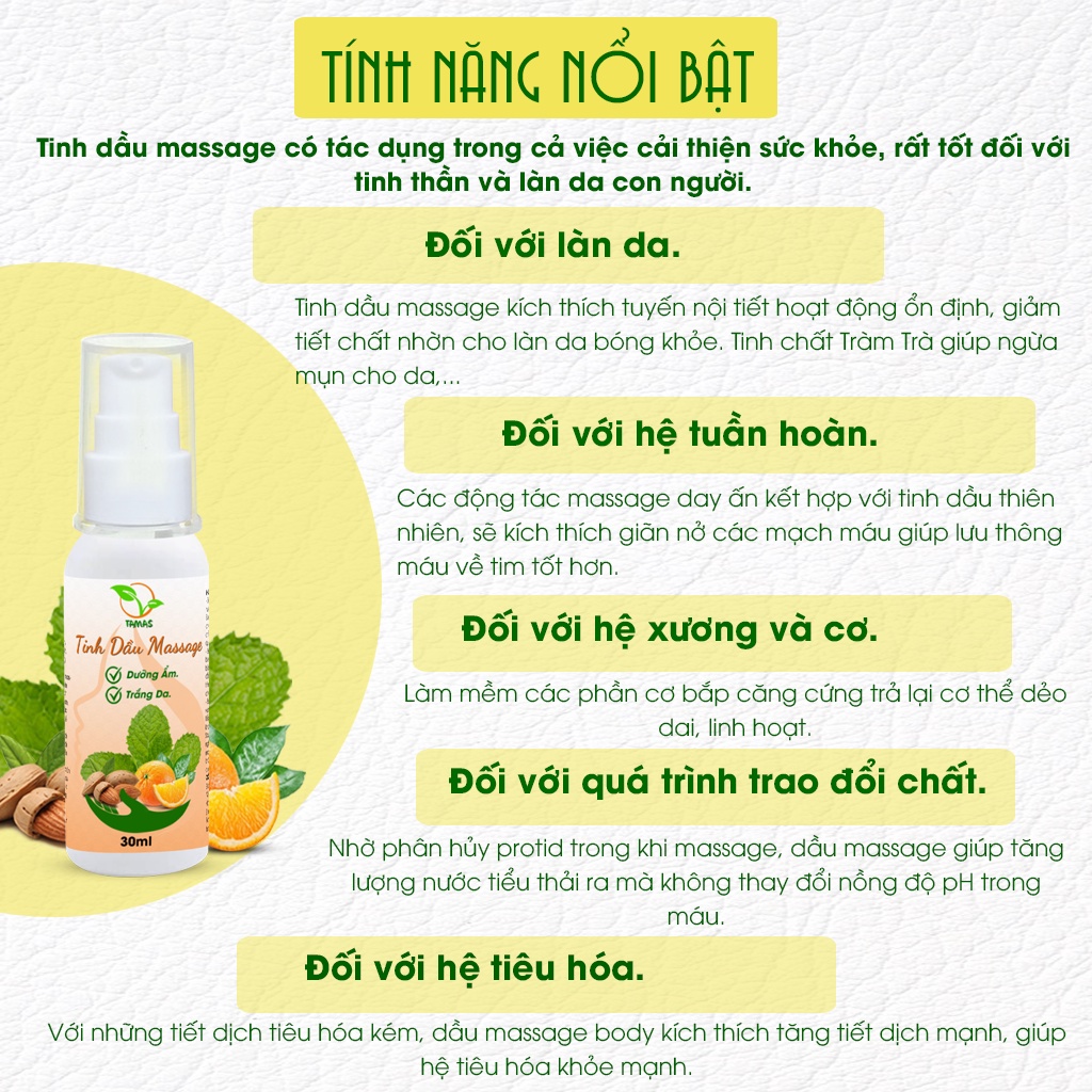 Tinh dầu Massage dưỡng ẩm trắng da TAMAS, chai 30ml thành phần từ thiên nhiên, an toàn cho da, không hóa chất độc hại,..