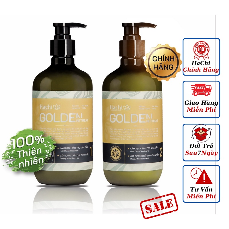 Dầu gội đầu cao cấp HACHI VIETNAM Goldenretreat 500g vàng - Cặp sét dầu gội, xả argan phục hồi hư tổn tóc giúp mọc tóc