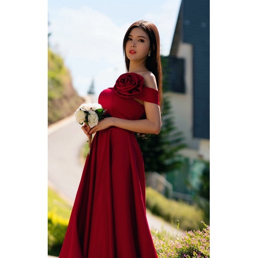Đầm xoè midi TRIPBLE T DRESS mặc cưới bẹt vai phối hoa hồng rời eo hoặc vai - size S/M/L - MS196Y