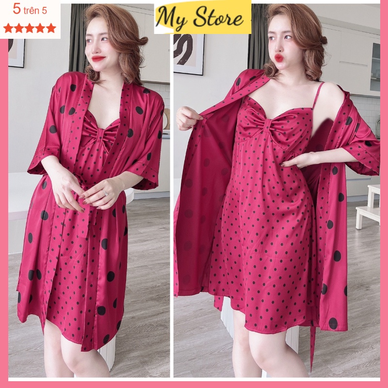 Đồ ngủ set váy và áo choàng, chất lụa latin cao cấp siêu mềm mịn mát - Freesize dưới 62kg