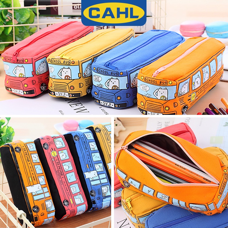 Bóp Viết Vải Canvas Đa Năng Có Khóa Kéo In Hình Xe Buýt Dễ Thương